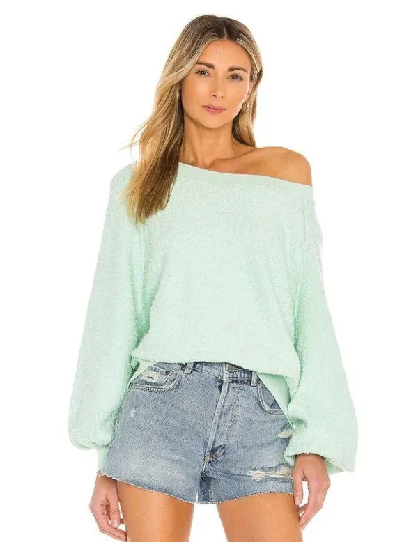FREE PEOPLE Found My Friend Bouclé Pullover in Misty Jade Size Small - Image 2