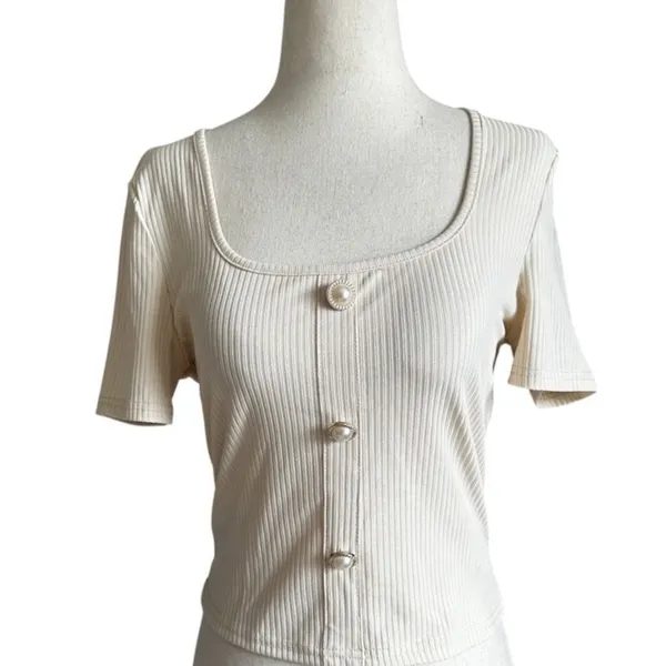 Shein Women Size Medium Top Shirt Scoop Neck Apricot Ribbed Crop NWOT | 16-16 - Image 2