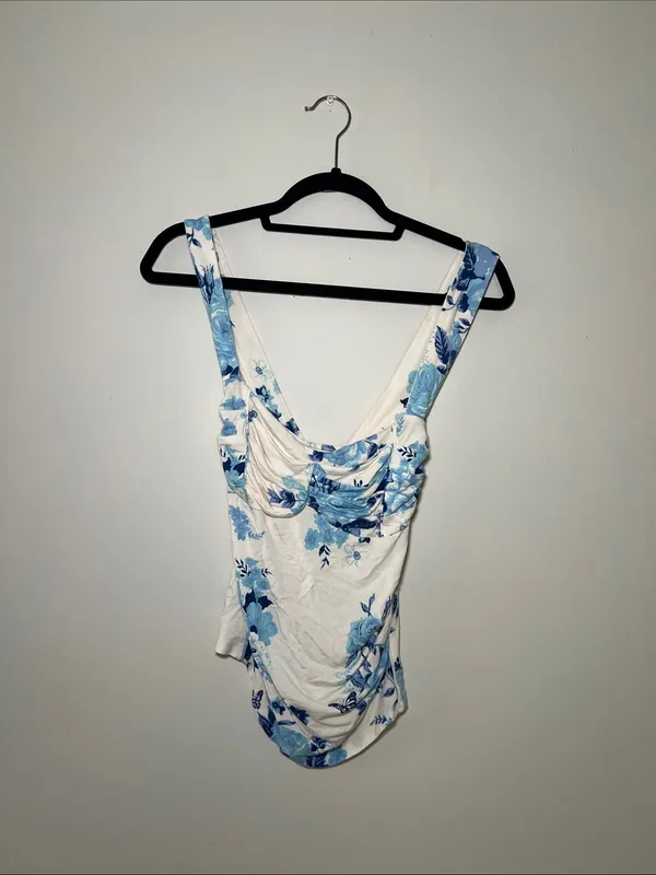 Free People White Floral Square-Neck Cami with Blue Print - Image 2
