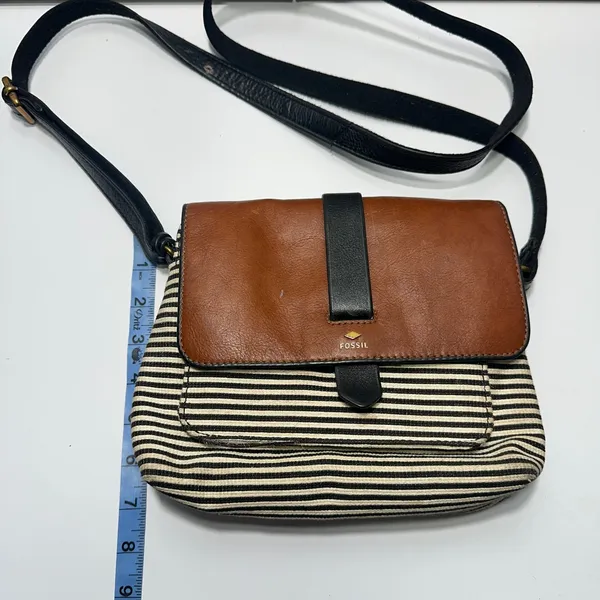 Fossil Kinley Crossbody Bag Womens Small Brown Striped Canvas Leather Flap Purse - Image 4