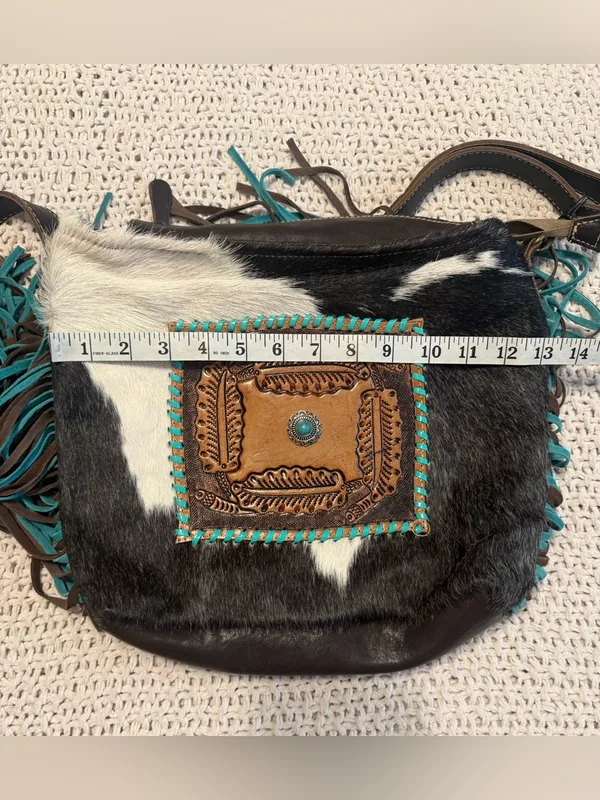 Myra Bag Black and White Cowhide Crossbody with Turquoise and brown Fringe - Image 7