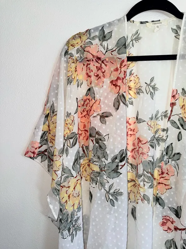 Maurices White Floral Swiss Clip Dot Kimono Multi Pastel Open Front - Image 4