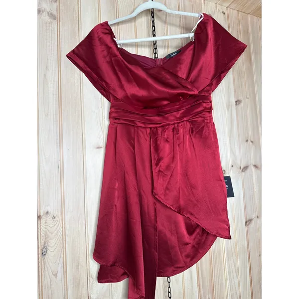 NWT Lulus Always Celebrating Burgundy Satin Off-the-Shoulder Mini Dress Party M - Image 2