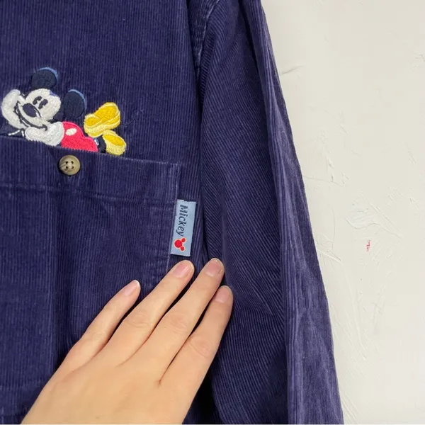 Vintage Disney Blue Corduroy Mickey & Minnie Embroidered Butterfly Down Shirt M - Image 6