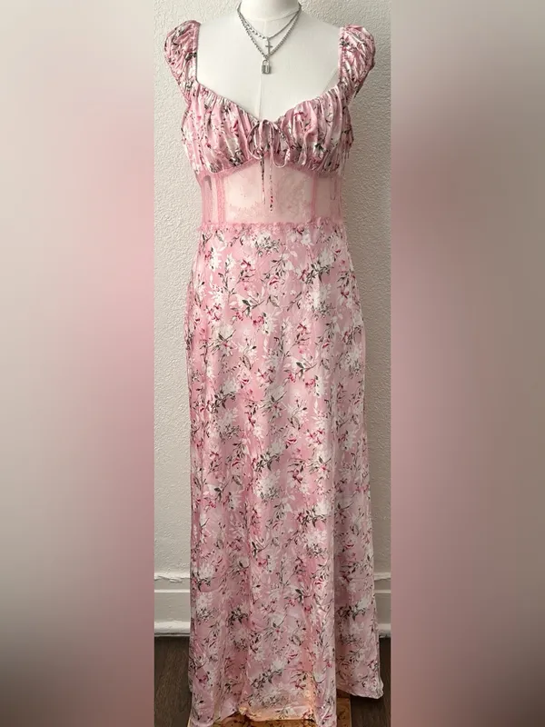 Forever 21 Size L Lace-Trim Midriff Panel Satin Floral Maxi Dress Cap Sleeves - Image 2