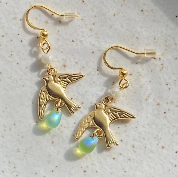 gold stainless bird cute retro vintage chic style dangle earrings 🕊️🩵 - Image 6