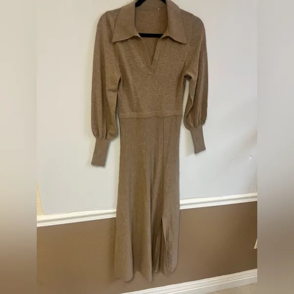 NICHOLAS Jade Midi Wool & Cotton Collared V Neck Long sleeve dress Oat Size‎ XS - Image 5