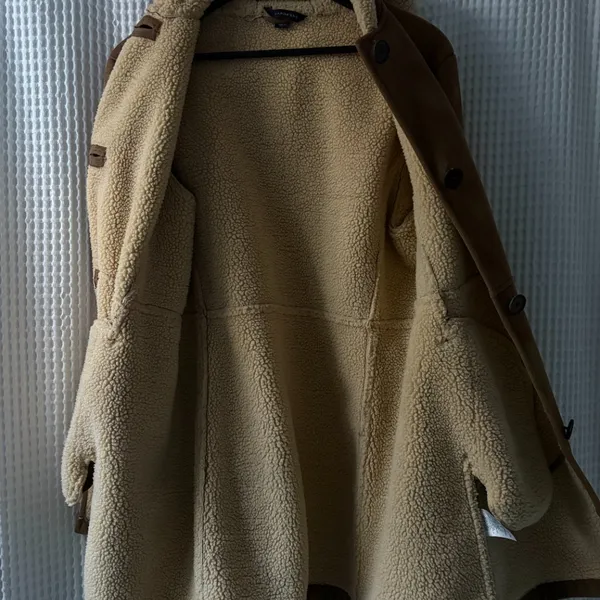 Lands' End women's faux suede shearling hooded sherpa coat size medium (10–12) - Image 3