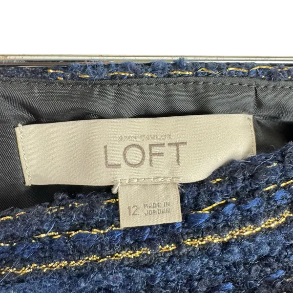 LOFT Blue Gold Shimmery Wool Blend Straight Lined Boucle‎ Mini Skirt Size 12 - Image 6