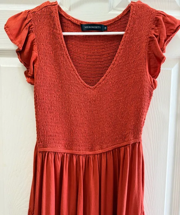 MEROKEETY Tiered Maxi Dress Size M Rust Orange Smocked Bodice - Image 2