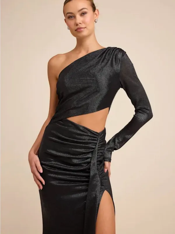 Lulu's One-Shoulder Black Cutout Ruched Slit Gown - Image 2