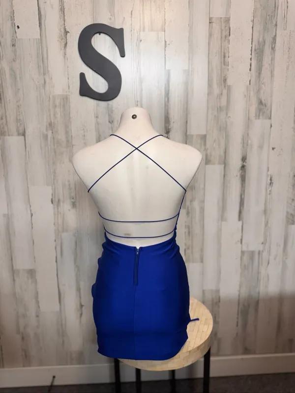 B. Darlin Royal Blue Ruched Side Drawstring Mini Dress Womens Size Small Open Ba - Image 3