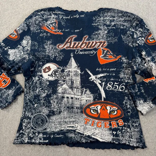 Auburn Tigers Y2k Graphic Blouse Women Large Embellished Ruffle V-Neck 3/4 Sleev - Image 9