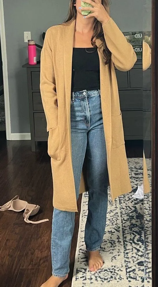 Tan Open Front Knit Long Cardigan - Image 3