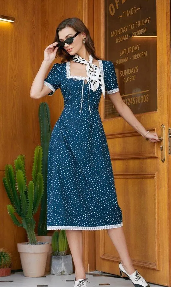 Rihoas Navy Polka Dot Lace Midi Dress - Image 3