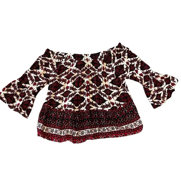 Hint of Blush Crop Top SZ LG Bare Shoulders 3/4 Bell Sleeve Black Red Boho Chic - Image 2