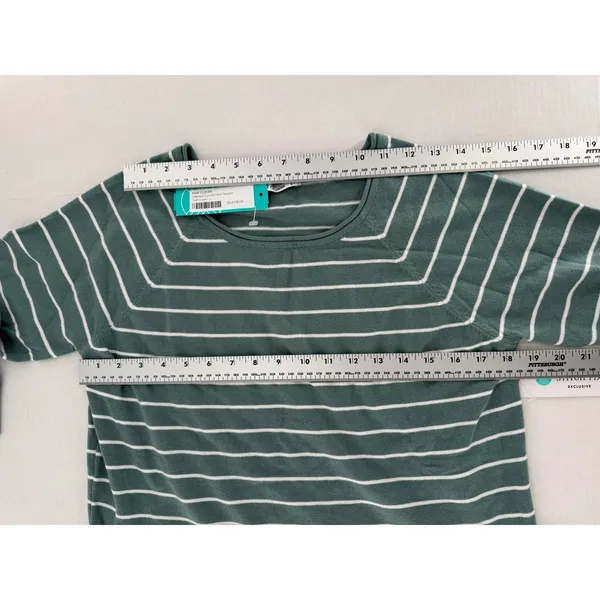 Pink Clover Sweater Sz L Green Striped Lightweight Knit Curved Hem Layering Fall - Image 7