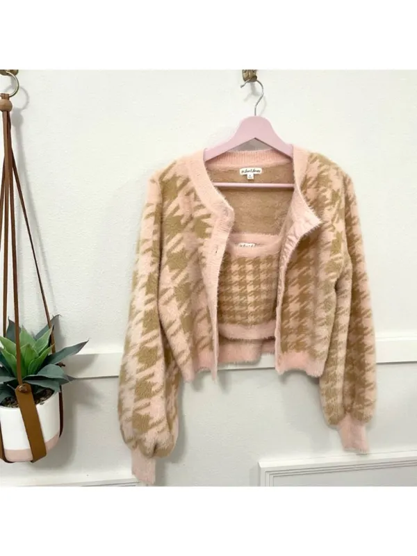For Love & Lemons Cher Cardigan Tank Skirt Set M Light Pink Orange Houndstooth - Image 2