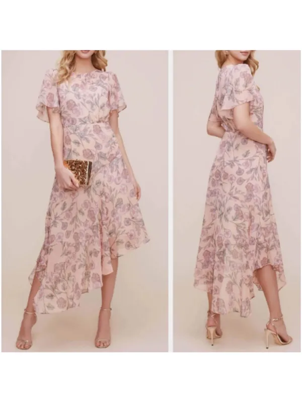 Floral High-Low Chiffon Dress in Blush - Image 2