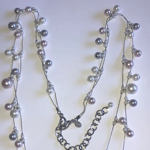 Chico's Silver Tone Faux Pearl Beaded Boho Double Strand Necklace - Image 6