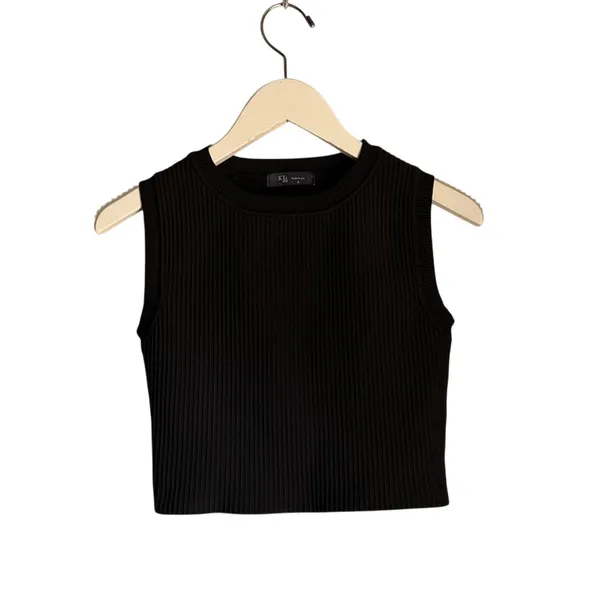 KLD Black Ribbed Knit Cropped Tank Top Small Made USA - Image 2
