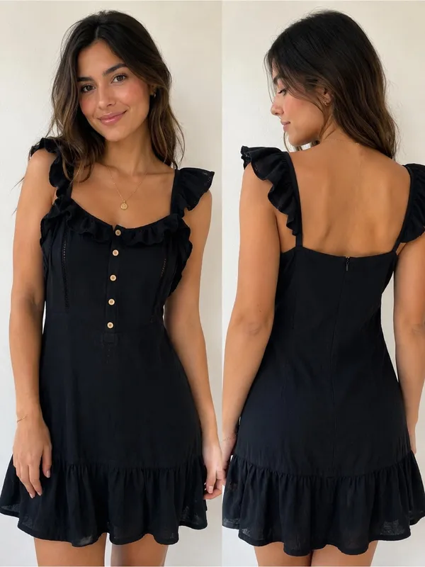 Black Ruffle Mini Dress with Button - Image 2