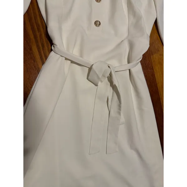 Ann Taylor Womens 12 Cream Crepe Mock Neck‎ Gold Button Belted Puff Sleeve Dress - Image 5