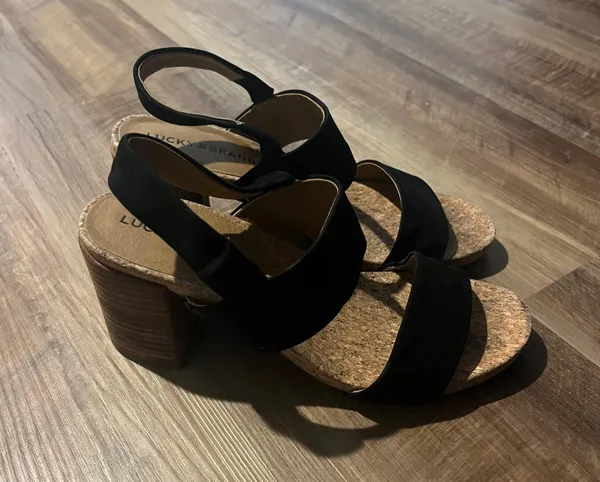 Lucky Brand Black Faux Suede and Cork Block Heel Sandals - Size 7 - Image 2