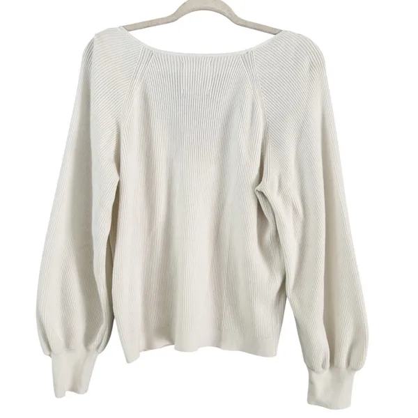 Abercrombie & Fitch White Ribbed V Neck Ballon Sleeve Sweater Size Medium - Image 2