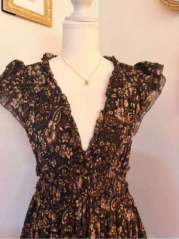 Ulla Johnson Black Floral Asymmetrical Midi Dress 100% Silk - Image 9