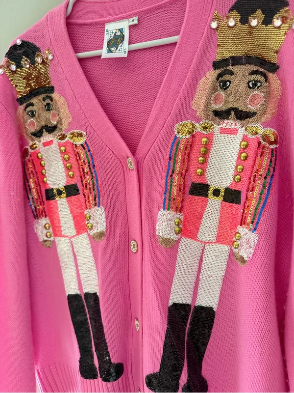 Queen of Sparkles Pink Sequin Nutcracker Christmas Cardigan Women S - Image 4