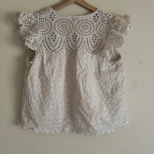 Jennifer & Grace Cream Cotton Eyelet Lace Blouse L Romantic Prairie Cottagecore - Image 5