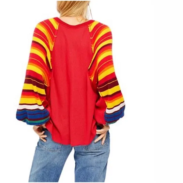 We The Free Found My Friend Rainbow Top Wmn Medium Red Boho Striped Waffle Knit - Image 2