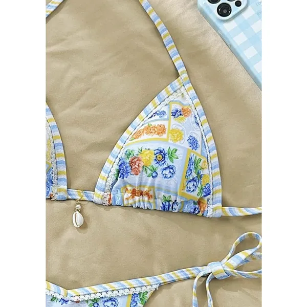 WDIRARA Women's 2 Piece Boho Triangle Bikini Set XXS Blue - Image 3