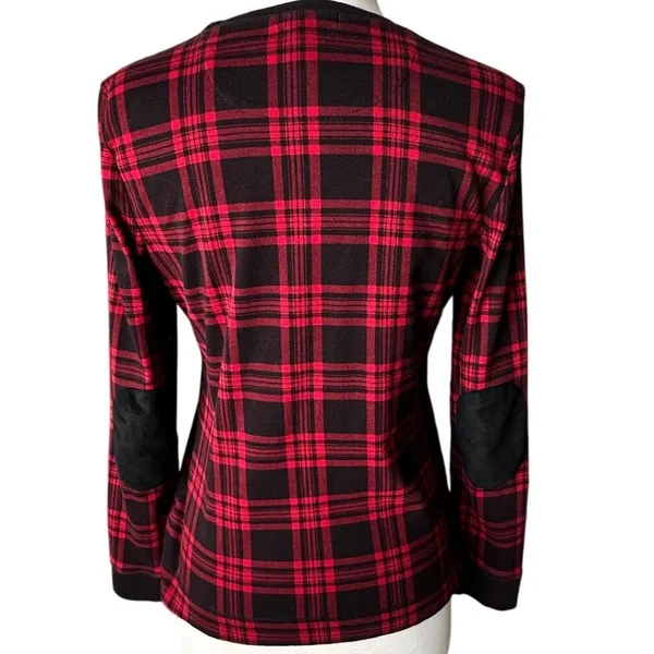 Lauren Ralph Lauren Plaid Top Red Black Shoulder Zip Elbow Patch Size L - Image 2