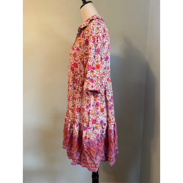 Natural Life Floral Tiered Boho Mini Dress Pink Orange Rayon Small whimsi dainty - Image 5