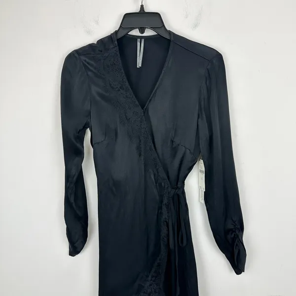 Anthropologie Lace Trimmed Wrap Dress Viscose Satin Long Sleeve Black XS NWT - Image 8