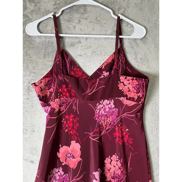 Vintage Y2K Floral Slip Dress Burgundy Pink Lace Hem Spaghetti Strap Midi M - Image 4