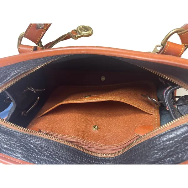 Dooney & Bourke AWL Navy Brown Pebbled Leather Top Handle Satchel Purse Bag 90s - Image 4