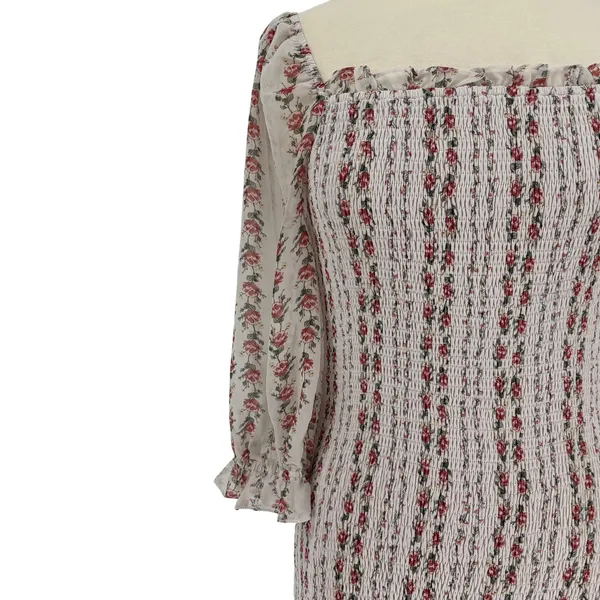 Aura‎ Floral Smocked Mini Dress Large Cream Red Square Neck Boho Cottagecore - Image 5