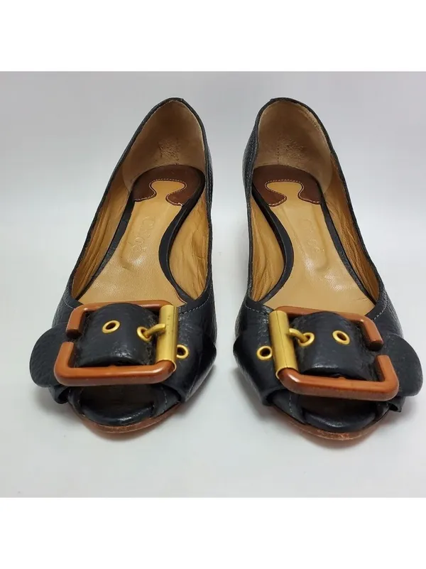 Chloe Leather Buckle Peep Toes Kitten Heels Slip On Pumps Size 37 Black - Image 9
