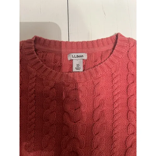 LL Bean Womens XS Coral Pink Cable Knit‎ 100% Cotton Crew Neck Sweater - Image 3