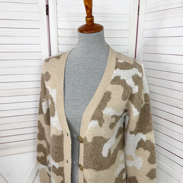 Lucky Brand Dessert Camo V Neck Long Cardigan Sweater Tan Cream‎ Small - Image 5
