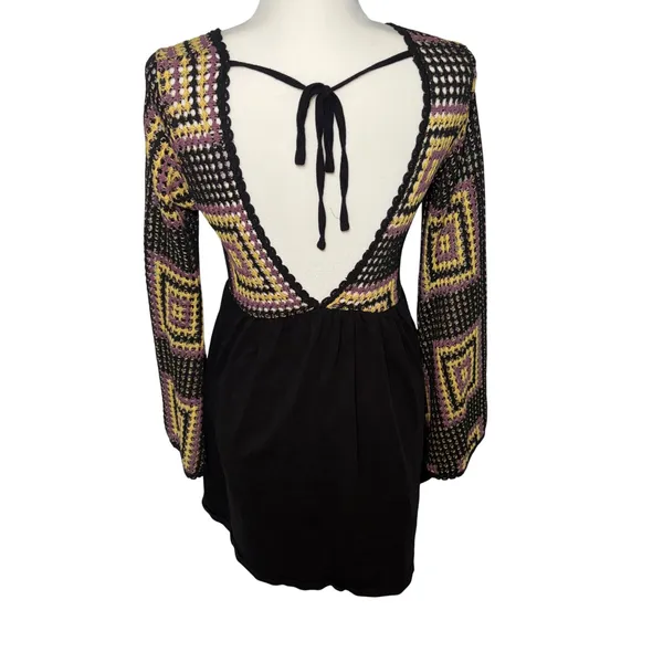 ASOS Design Crochet Granny Square Black Mini Dress Open Back Sz 6 Boho Festival - Image 5