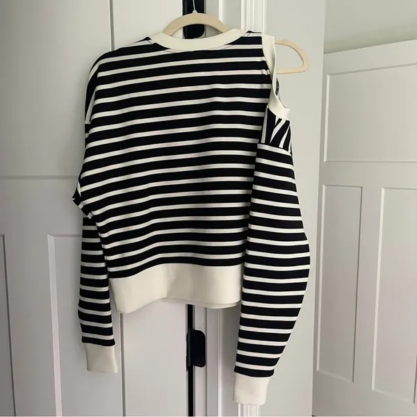 Spanx AirEssentials‎ Cold-Shoulder Top Black White Stripe Long Sleeve - Image 4