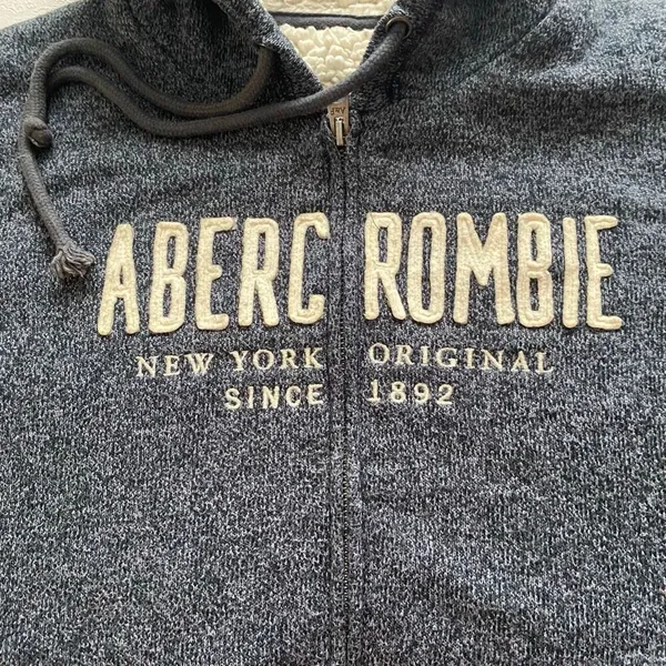 Abercrombie & Fitch Sherpa Lined Zip Hoodie Blue Logo Jacket Size L - Image 6
