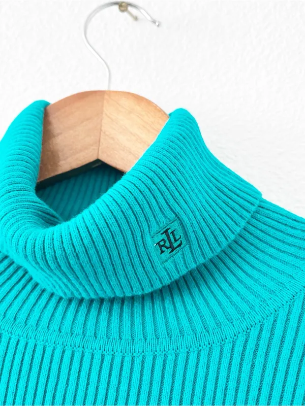 Vintage Lauren Ralph Lauren Teal Ribbed Cotton Turtleneck Sweater - Image 4
