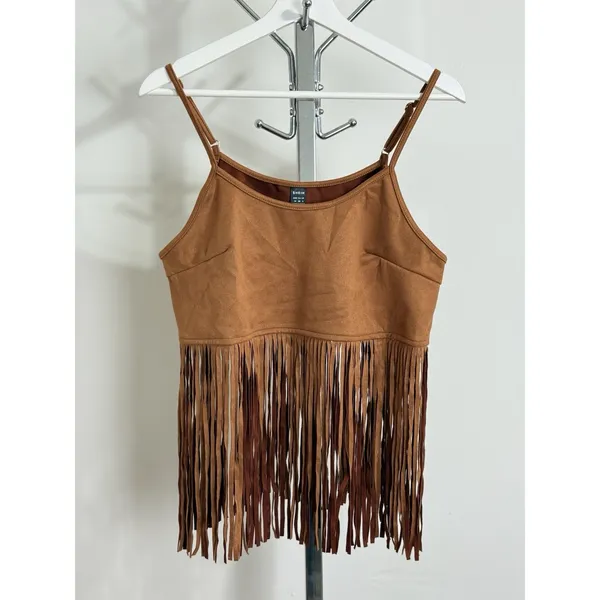 SheIn Suede Fringe Cami Crop Top Western Boho Festival Brown Women Size M NWT - Image 2