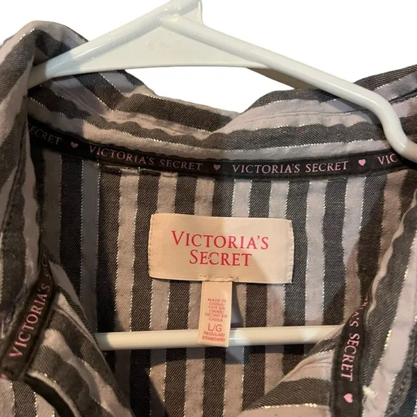 Victoria's Secret Pajama Top Womens Large Gray Striped Button‎ Front Long - Image 3