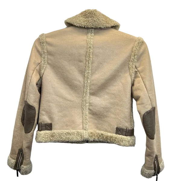 Ashley B Jacket Aviator Faux Shearling Cropped Zippers Biker Moto Beige‎ Size M - Image 5